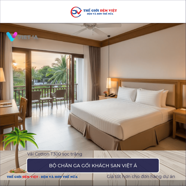 Bộ chăn ga gối khách sạn Việt Á vải Cotton T300 sọc trắng 3